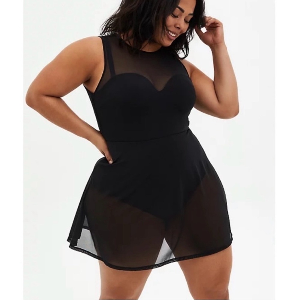 NWOT torrid 2 sexy black mesh swimsuit swim dress mesh overlay